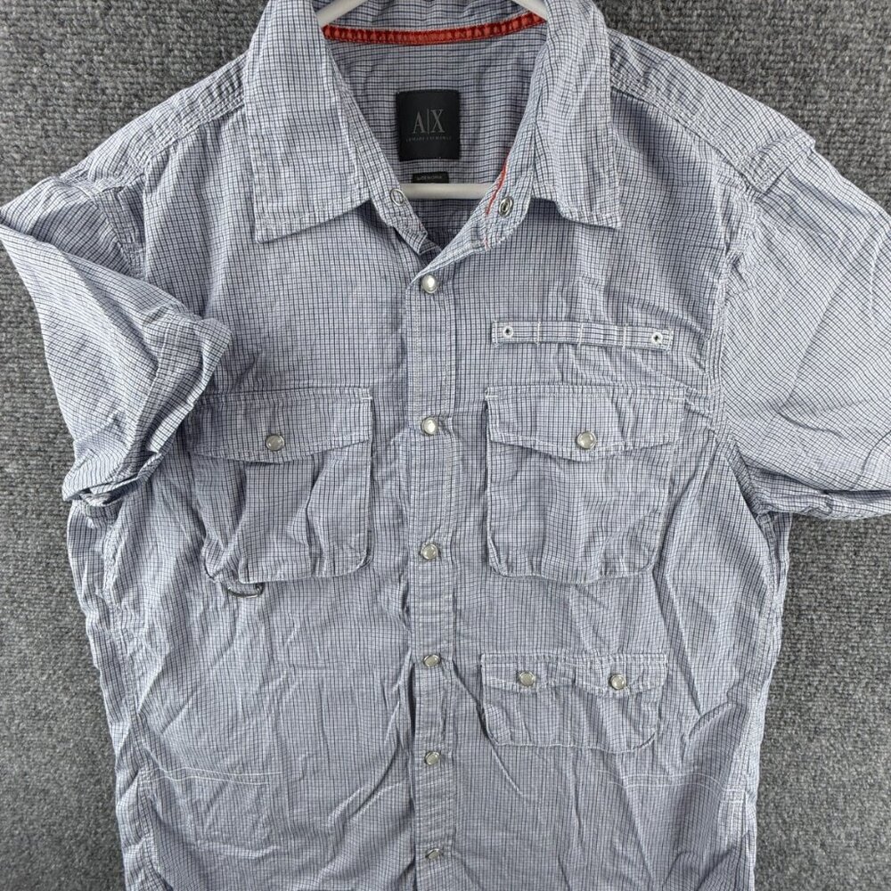 Armani Exchange Pearl Snap Up Shirt Men Cotton Blue Check Medium Pockets Western